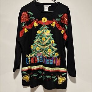 Vintage Accessory Lady Ugly Christmas Shirt Womens Medium‎ Tree Bells Gifts
